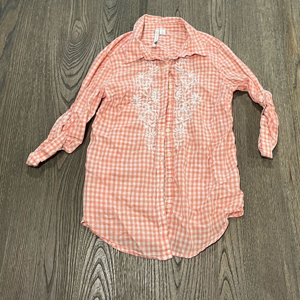 LC Lauren Conrad Peach White Gingham Print Button Front Blouse Size XS